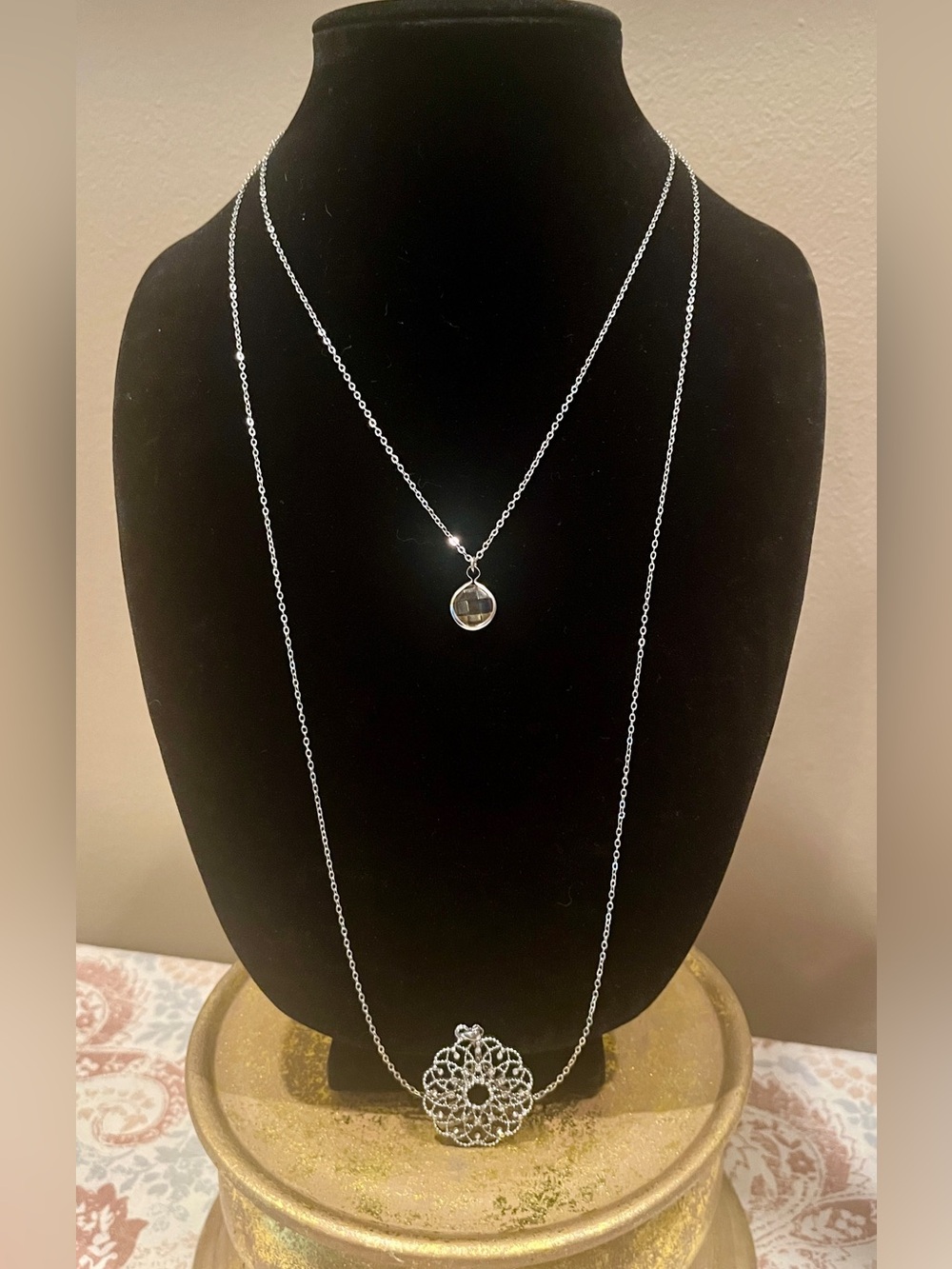 LOFT Double Layer Silver Necklace with Filigree Pendant